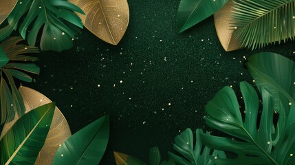  glamorous layout, deep green glossy tropical leaves around borders, high-fashion luminous glitter effect against emerald green