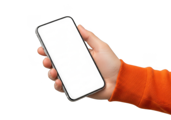 A human hand holding a modern smartphone with a dark screen showcasing a digital device in a clear presentation isolated on transparent background