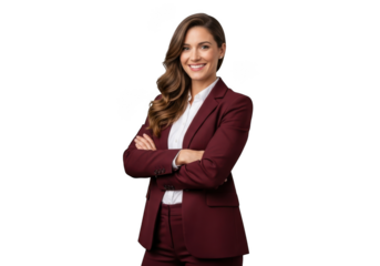 Professional businesswoman wearing a maroon suit with arms crossed smiling confidently isolated on transparent background