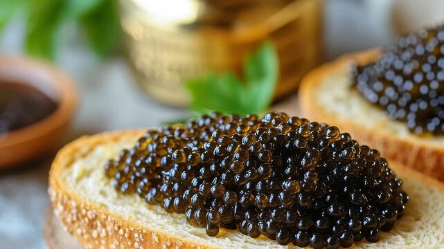 Exquisite caviar sits atop slices of toasted bread, displaying a luxurious texture. The scene highlights the gourmet ambiance with complementary garnishes and textures.