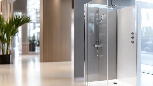 High end modern shower cabin with sleek glass doors, polished chrome fixtures and rain shower head in a bright, minimalist showroom corridor with soft focus plants