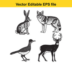 Obraz premium vector illustration of a group of animals including a rabbit, wolf, bird, and deer in black and white