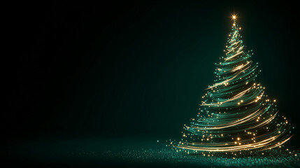 Elegant festive background with a creative light trail Christmas tree suitable for New Year banners, web design, and luxury invitations