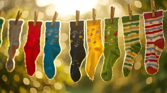 Colorful socks drying on a clothesline in bright golden sunlight outdoors