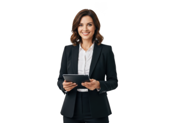 Smiling professional woman in a dark suit holding a tablet computer presenting data isolated on transparent background
