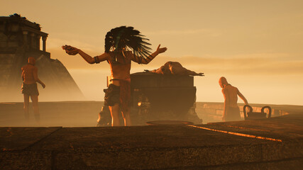 Atstec Maya leader raises his hands in the background of the pyramids at sunset render 3d