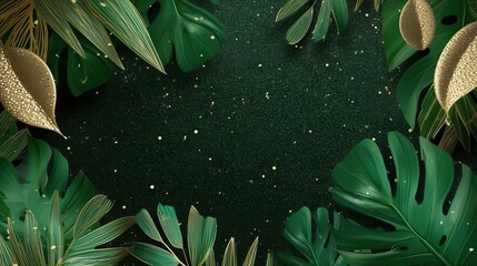  glamorous layout, deep green glossy tropical leaves around borders, high-fashion luminous glitter effect against emerald green