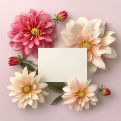 luxurious glossy dahlias in vivid pink and white tones arranged around  mockup card