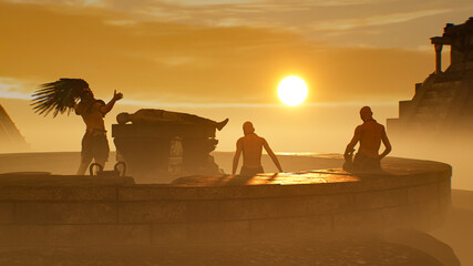 Atstec Maya leader raises his hands in the background of the pyramids at sunset render 3d