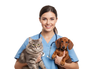 Smiling veterinarian holding a fluffy tabby cat and a small dachshund puppy with a stethoscope isolated on transparent background