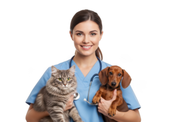 Smiling veterinarian holding a fluffy tabby cat and a small dachshund puppy with a stethoscope isolated on transparent background