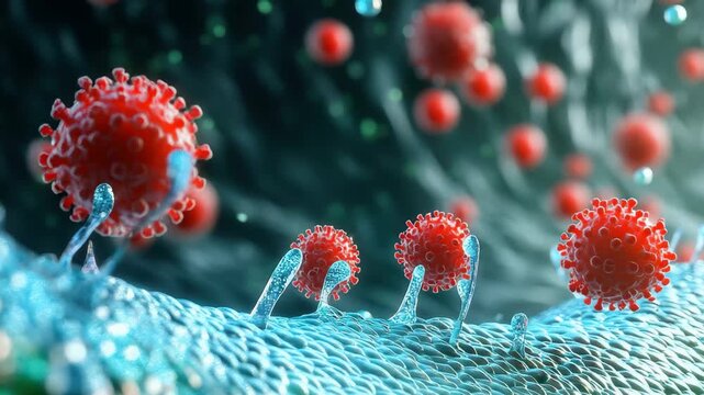 This visual illustrates viruses engaging with cellular membranes, featuring red virus particles and intricate cellular details in a vibrant, digital setting.
