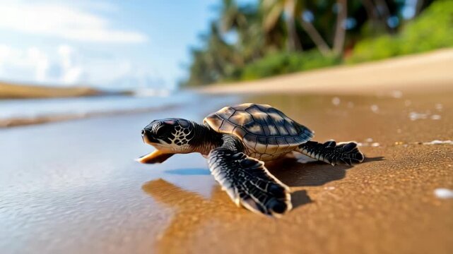 Gorgeous baby sea turtle hatchling crawling across damp tropical sand toward the sparkling ocean at sunrise, a tiny marine life moment crucial for survival and conservation