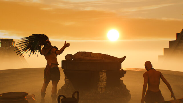 Atstec Maya leader raises his hands in the background of the pyramids at sunset render 3d