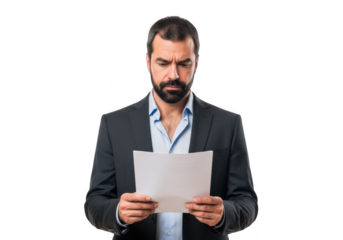 Serious bearded man in business attire carefully reading a document with intense focus isolated on transparent background