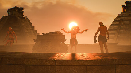 Atstec Maya leader raises his hands in the background of the pyramids at sunset render 3d