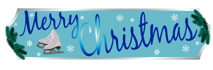 Ice skate decorated with pine branches, holly and festive ribbon. Ideal for holiday cards and winter season graphics.
