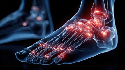 Medical illustration of a foot highlighting bone and joint inflammation, depicting hallux valgus, plantar fasciitis, and heel spur. Ideal for healthcare and educational use.