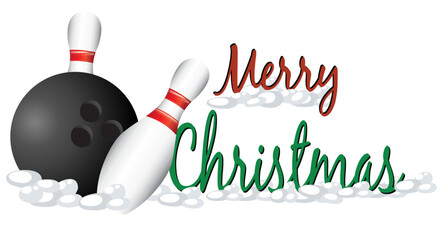 Bowling pins and ball decorated with pine, holly and ribbon. Ideal for holiday cards, winter graphics and Christmas sport themes.