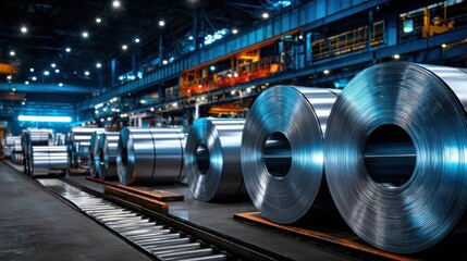 Interior of an industrial steel plant with stacked sheet metal rolls and moving conveyor belts, perfect for manufacturing and logistics concepts.