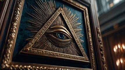 Intricate Masonic symbol featuring a detailed All-Seeing Eye, enhanced by dark, moody lighting, symbolizing divine providence and spiritual depth.