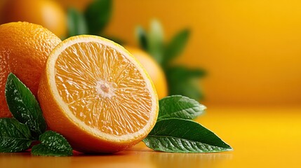 Half an orange with vibrant green leaves on a yellow background, showcasing texture and freshness for healthy eating promotion.