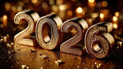 Glittering gold "2026" numbers on a luxurious background with sparkling stars; ideal for New Year celebrations and festive promotions.