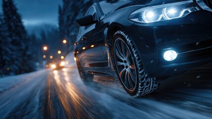 Car with winter tires driving on a snowy road, highlighting tire grip and safety in icy conditions.