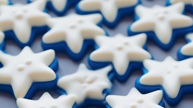 Delightful star-shaped candies in multiple blue and white hues are beautifully scattered on a surface, creating an eye-catching pattern ideal for celebrations.
