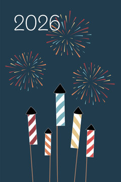 2026. Gru&szlig;karte mit bunten Silvesterrakaten und Feuerwerk.