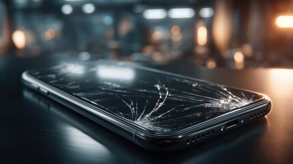 Close-up of a smartphone with a cracked screen, emphasizing its fragility and repair needs under dramatic studio lighting.