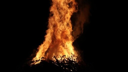 bonfire flames rising into dark night sky (bon fire flame orange yellow red glow glowing ember) sticks wood stick brush wooden fuel summer ceremony celebration enormous huge rise heat campfire camping