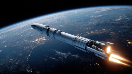 A futuristic spacecraft orbits Earth with glowing engines above illuminated continents, highlighting space exploration and technology.
