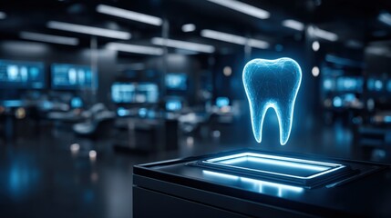Futuristic dental clinic with holographic tooth amidst modern technology, highlighting advanced oral healthcare.