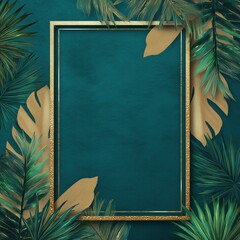 Flat lay top-view luxurious mockup card with rich textured paper, bold gold-foil frame in the center, stylized vector palm leaves around edges, emerald green, deep teal and gold accents