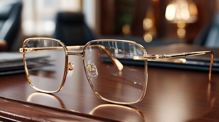 Luxurious Art Deco-style glasses with metallic accents on a wooden desk, exuding elegance and sophistication, perfect for business or fashion concepts.