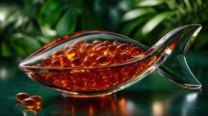 Fish-shaped glass dish filled with orange capsules, symbolizing health supplements, set against a lush green backdrop.
