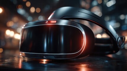 Futuristic VR headset with glowing accents on a table, perfect for showcasing cutting-edge technology and virtual reality.