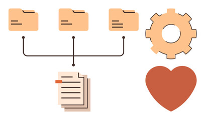 Three folders connected to documents by lines, gear representing process and heart for passion. Ideal for productivity, workflow, organization, teamwork, document management, efficiency, simple flat