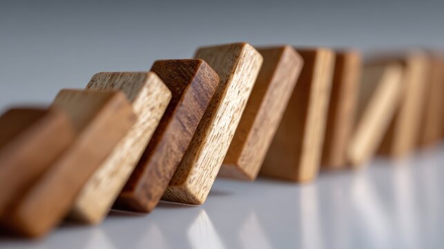 financial crisis sign, a financial ticker tape and falling wooden blocks may signal a systemic collapse
