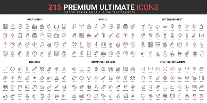 Multimedia content creation, music and entertainment thin line red black icons set vector illustration. Abstract symbols of hobby activity and computer games, sport simple design mobile and web apps