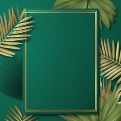 Flat lay top-view luxurious mockup card with rich textured paper, bold gold-foil frame in the center, stylized vector palm leaves around edges, emerald green, deep teal and gold accents