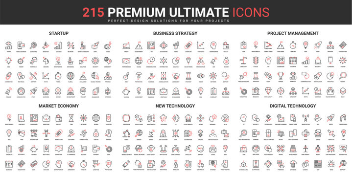 Business startup, project management, new digital technology color flat icons set vector illustration. Abstract symbols of market economy strategy, organization simple design for mobile and web apps