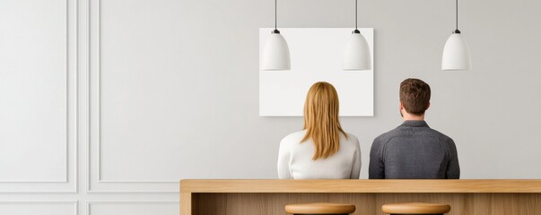 Couple in Modern Kitchen with White Lamps, art , interior
