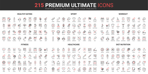 Healthy food, fitness workout and sports, healthcare thin line red black icons set vector illustration. Abstract symbols of gym equipment and exercises, medical cure simple design for mobile, web apps