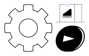 Automation systems, e-commerce, technology services, digital transformation, online business, multimedia. Gear symbol, play button commerce label. Automation and e-commerce for digital solutions