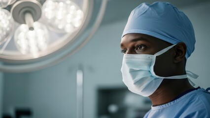 Focused surgeon in operating room under bright lights, wearing surgical cap and mask, preparing for procedure