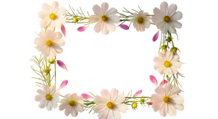 Delicate white cosmos flowers forming a decorative floral frame set against a sleek black background