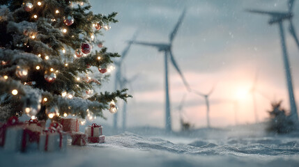 Christmas tree branches with gifts on snowy wind farm, turbines in background, concept of Christmas celebration in the industrial setting and environment.