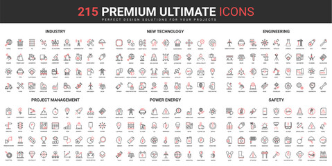 Industry and engineering, new technology, safety thin line red black icons set vector illustration. Abstract symbols business project management, power energy factory simple design for mobile, web app